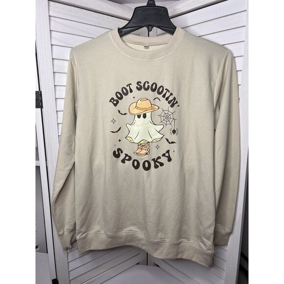 Tops - Halloween Ghost Sweatshirt Womens Med Beige Western Cowboy Boot Scootin Spooky